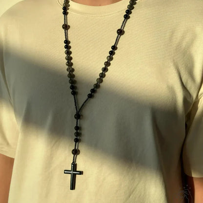 Collar de Rosario de Obsidiana Natural Yooperlita con Colgante de Cruz de Piedra de Hematita