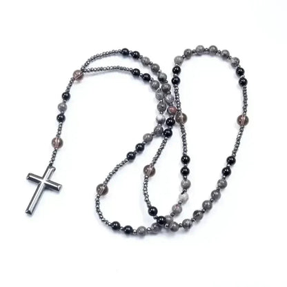 Collar de Rosario de Obsidiana Natural Yooperlita con Colgante de Cruz de Piedra de Hematita